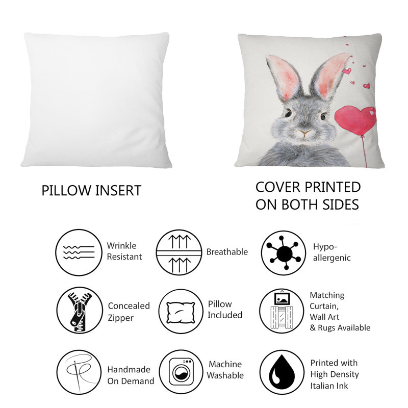 Mignon lapin gris moelleux avec cœur rouge - Coussin décoratif traditionnel imprimé 1
