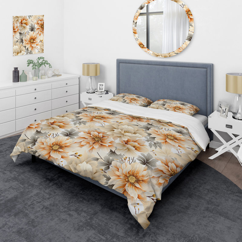 Ethereal Serenity Peonies Boho Pattern I Polyester Duvet Cover Set, Queen Duvet Cover + 2 Standard Shams
