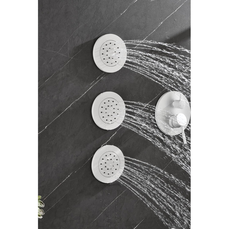 Shower System With Shower Head, Hand Shower, Slide Bar, Bodysprays, Shower Arm, Hose, Valve Trim, And Lever Handles, White