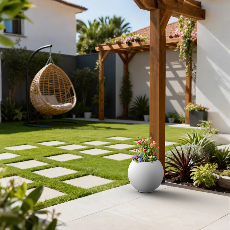 Pot à fleurs rond en béton blanc moyen 11 po avec intérieur amélioré et trous de drainage pour l'intérieur et l'extérieur