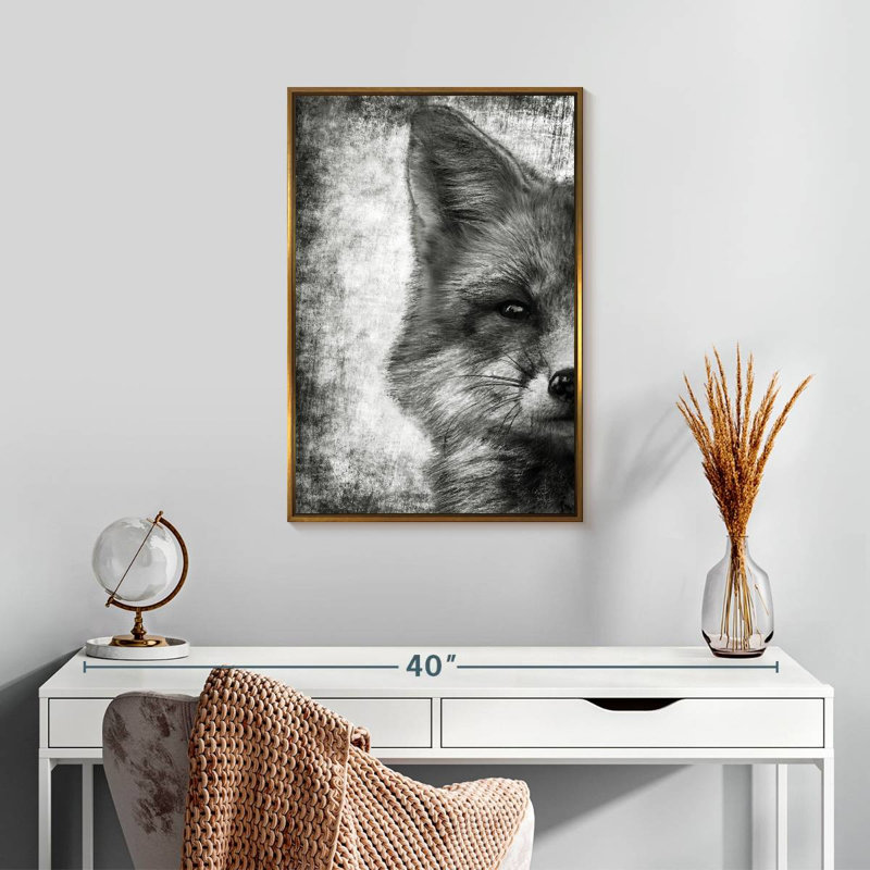 Fox Face Black And White, Floating Frame Gold, 17" x 25"