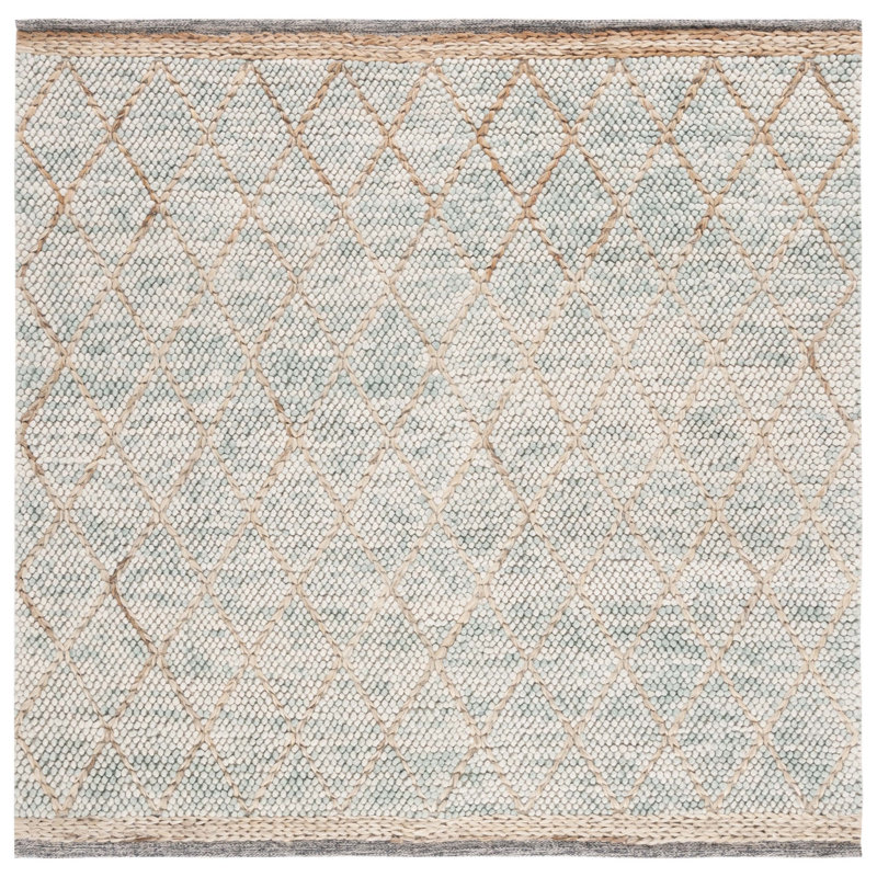 Fayelynn Hand Woven Wool/Cotton Geometric Rug in Teal/Natural, Square 6'