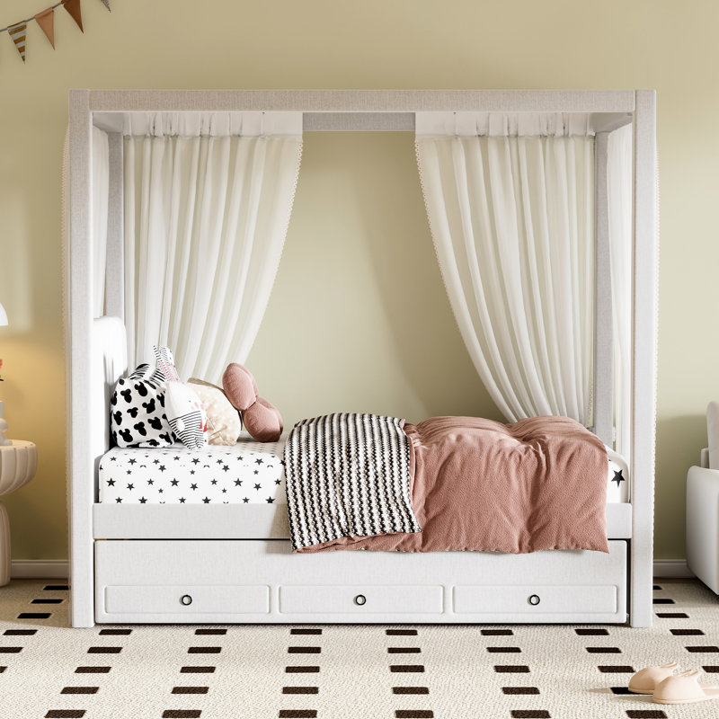 Lit simple beige avec baldaquin, lit gigogne et 3 tiroirs de rangement sous le lit, Lit simple