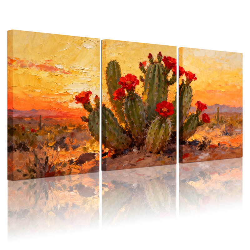 «Cactus Desert Cactus Sunset», ensemble de 3 reproductions d'art sur toile, H 30 po x l 60 po