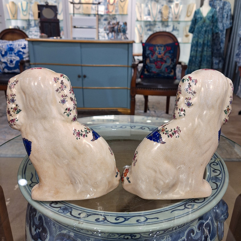 Porcelain Staffordshire Dog Figurines Pair, Blue floral