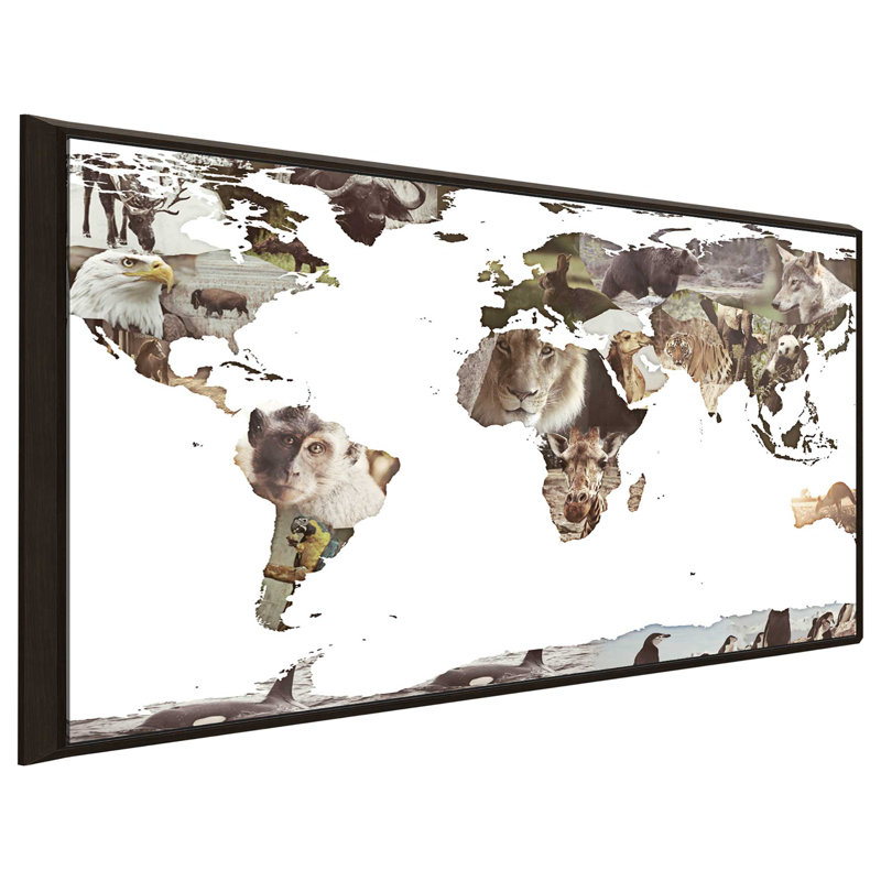 «World Animals Map», impression, H 21,5 po x l 33,5 po x P 2 po, Cadre flottant espresso