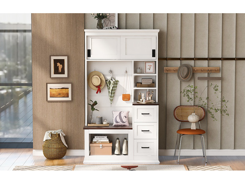 U-Can Modern Entryway Bench with Coat Rack, 3 Shelves and Drawers, 3 Sturdy Hooks, 40.2'' Wide Hall Tree with Storage Bench for Hallway, Entryway, Living Room