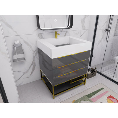 30" Bathroom Vanity Set with Acrylic Sink – Solid Wood Storage Cabinet with Soft-Close 3 Drawers