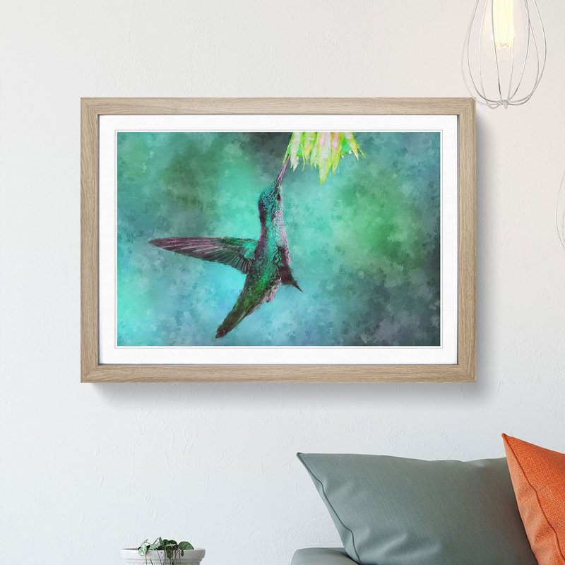 Green Hummingbird - Picture Frame Graphic Art Print, Oak Framed, 33cm H x 45cm W x 2cm D