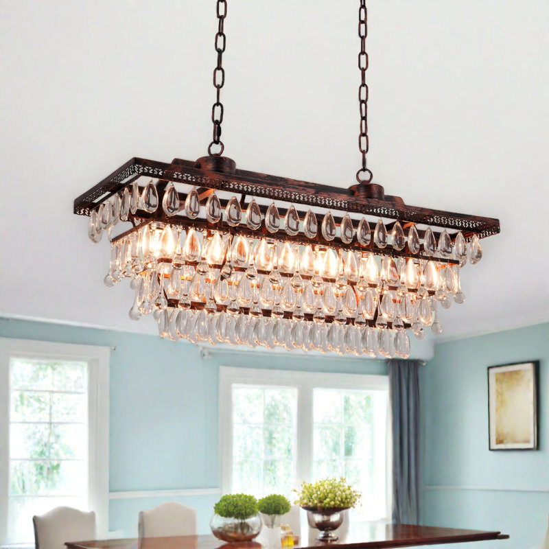 6 Light Dimmable Retro Rectangle Crystal Chandelier For Dining Room