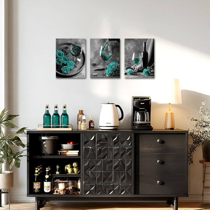 3 Piece Wrapped Canvas Wall Art, Teal
