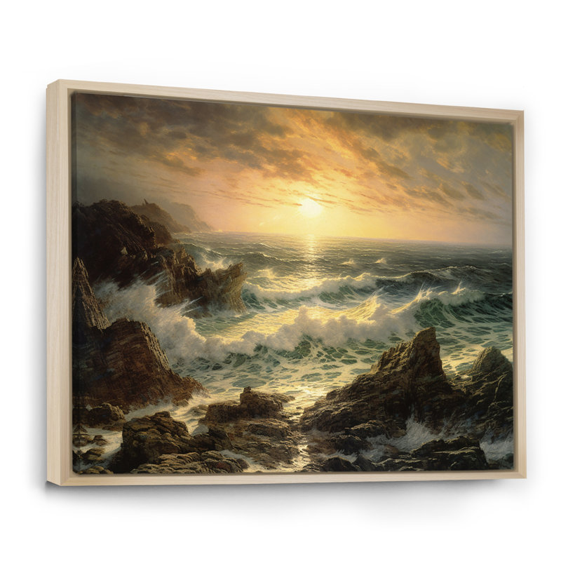 «Wild Ocean with Breaking Waves Golden Hour», reproduction, H 24 po x l 32 po x P 1 po, Cadre naturel flottant
