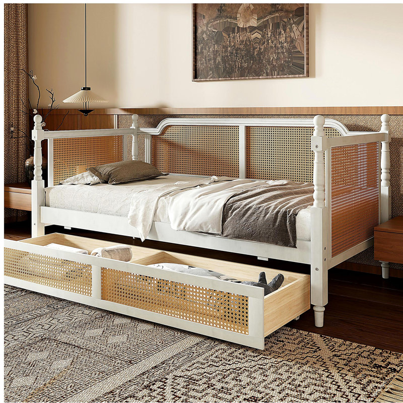 Traditional Style Rattan Twin Size Daybed with 2 Drawers for Limited Space, Guest Room, No Box Spring Needed,Antique White