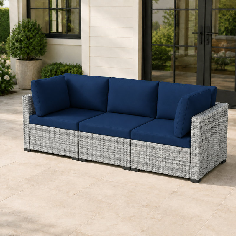 Ensemble de 3 coussins de patio en rotin avec coussins Outdloor, Gris/bleu marine, 3 pièces