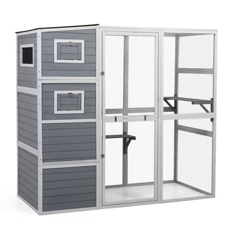 Grande clôture pour chat en bois avec toit et plateformes imperméables, gris