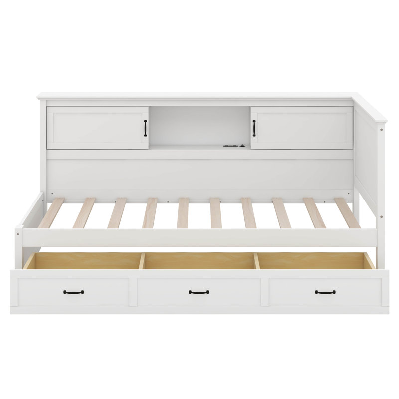 L-Shaped Bed Frame With Drawer And Bookcase, Corner Bed Wooden Captain Bed With Led Downlight And USB Port, Twin
