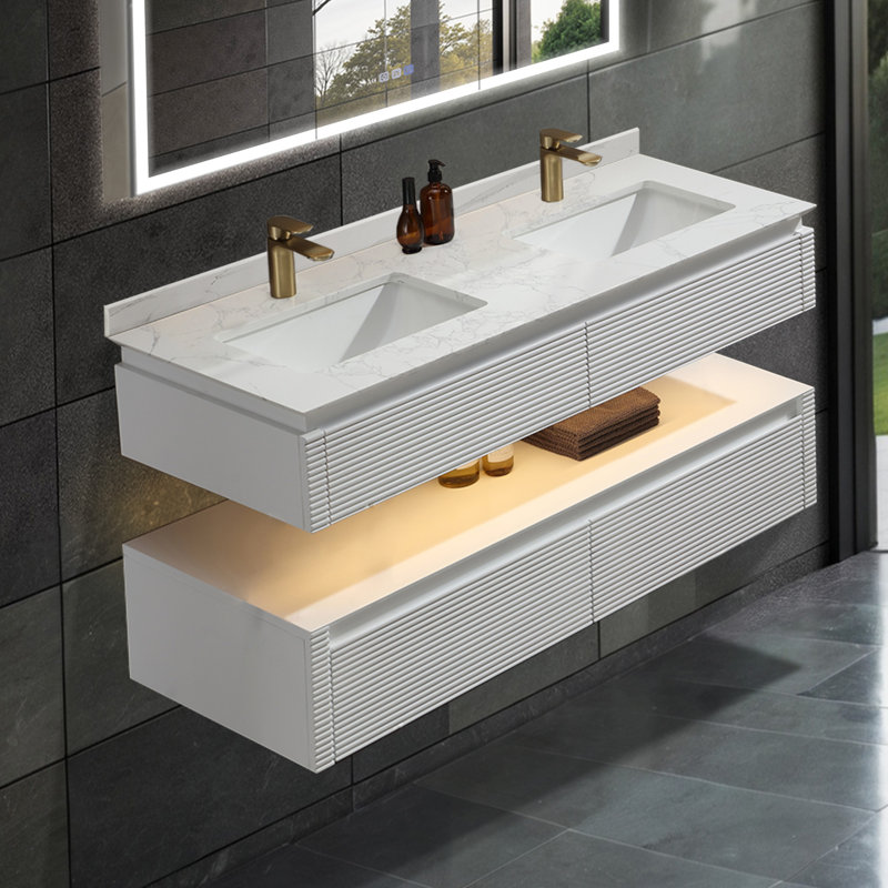 Meuble-lavabo mural simple en bois massif de 48 po avec comptoir en pierre et lumière, Blanc