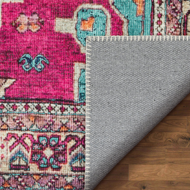 Eustice Shasta Machine Washable Vintage Bohemian Medallion Persian Blush Turquoise Flat-Weave, Rectangle 2' x 3'11"
