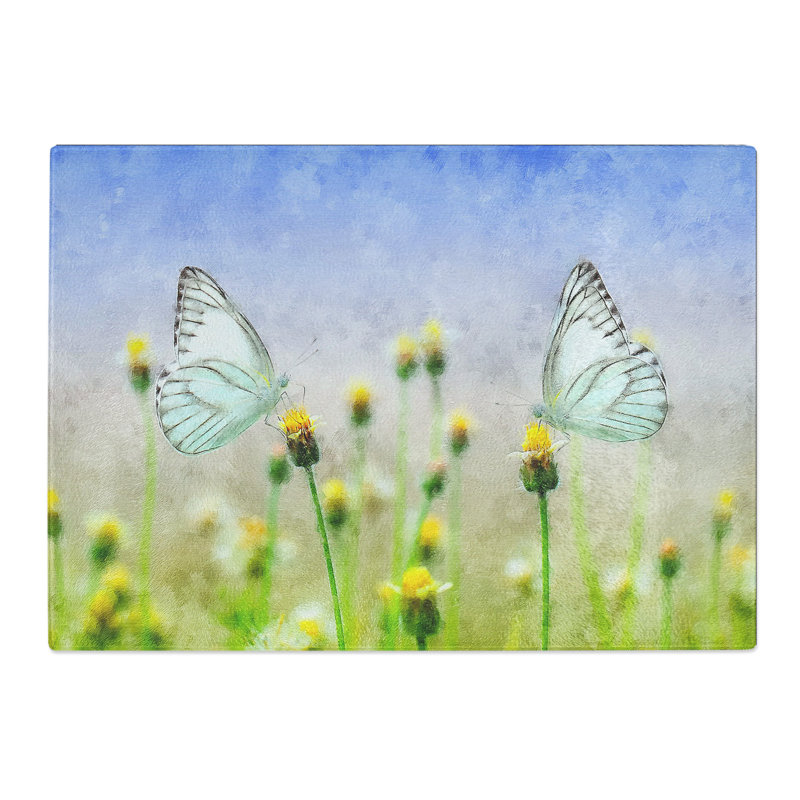 Tempered Glass Two Butterflies upon Flowers Painting Chopping Board, 28.5 cm x 39 cm