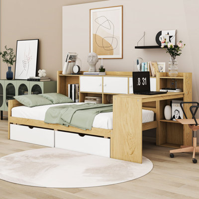 2 Drawers Wood Daybed with Built-in-Desk and Bookcase by Millwood Pines