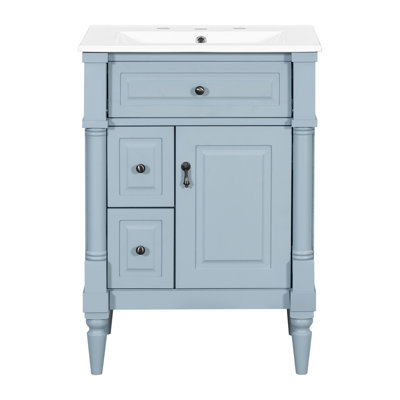 24 Inch Bathroom Vanity With Sink, Grey Blue Freestanding Bathroom Cabinet With Flip Drawer, Adjustable Shelf, Solid Rubberwood Frame, MDF Panels & Metal Handles