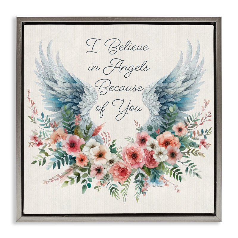 "Floral Believe In Angels", art mural encadré par Nicole DeCamp, H 25 po x l 25 po, Cadre flottant métallique doré