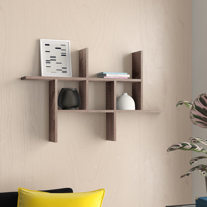 Suffield 4-Shelve Manufactured Wood Asymmetrical Tiered Shelf, Weathered Oak