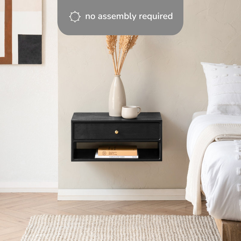 Reni Solid Wood 1- Drawer Floating Nightstand, Black