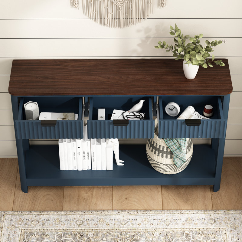 Console 47,2 po avec 3 tiroirs cannelés Denise, Bleu