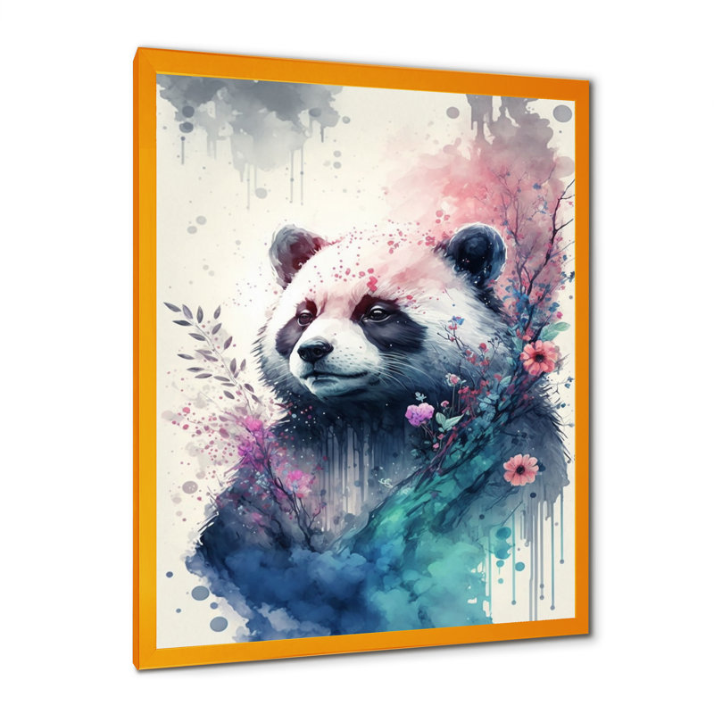 Mignon panda floral - peinture sur toile, Cadre photo doré