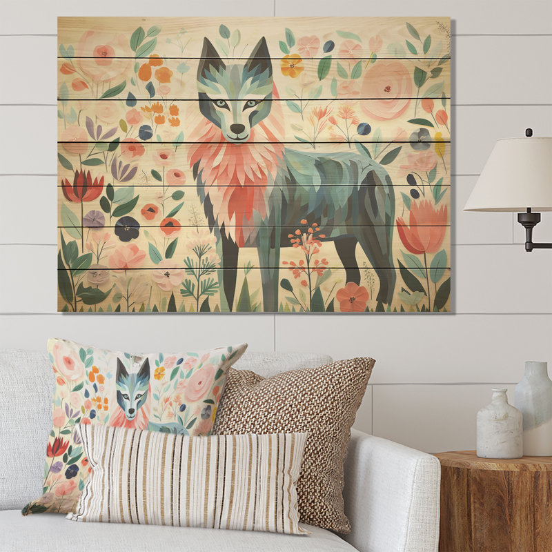 Portrait de loup bohème rose et vert VI - loup sur bois, H 34 po x l 44 po