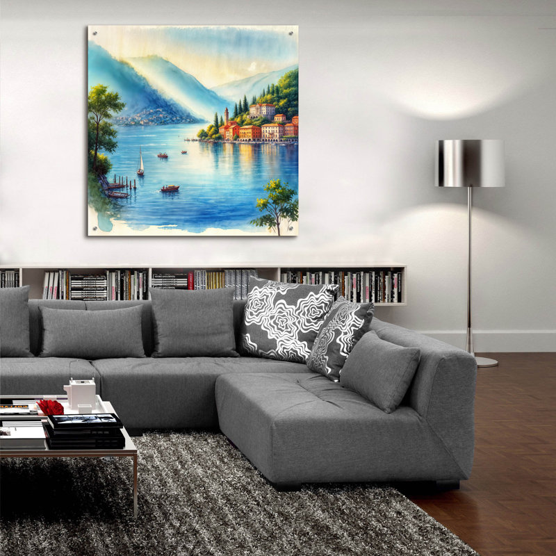«Lake Como Watercolor» par Rey Klimt, art mural en verre acrylique, H 36 po x l 36 po x P 0,2 po