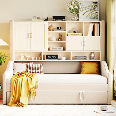 Lit de jour simple rembourré, de couleur beige, avec lumières à DEL avec accoudoirs, unités de rangement, lit gigogne escamotable, armoires au design confortable et élégant, relevable pour accueillir des invités