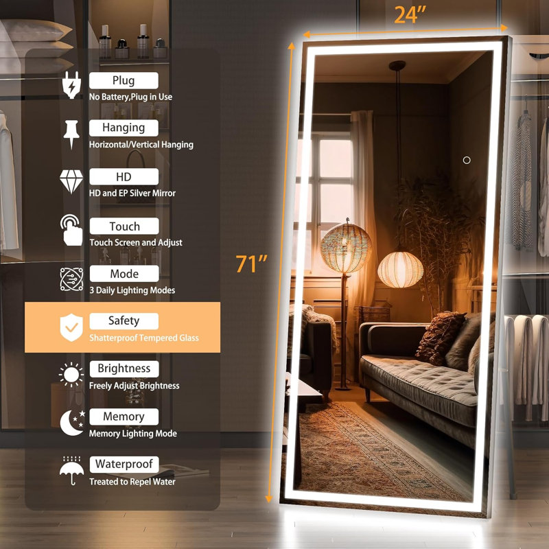 Full Length Mirror With Lights, 71" X 24" LED Lighted Floor Standing, 71" x 24"