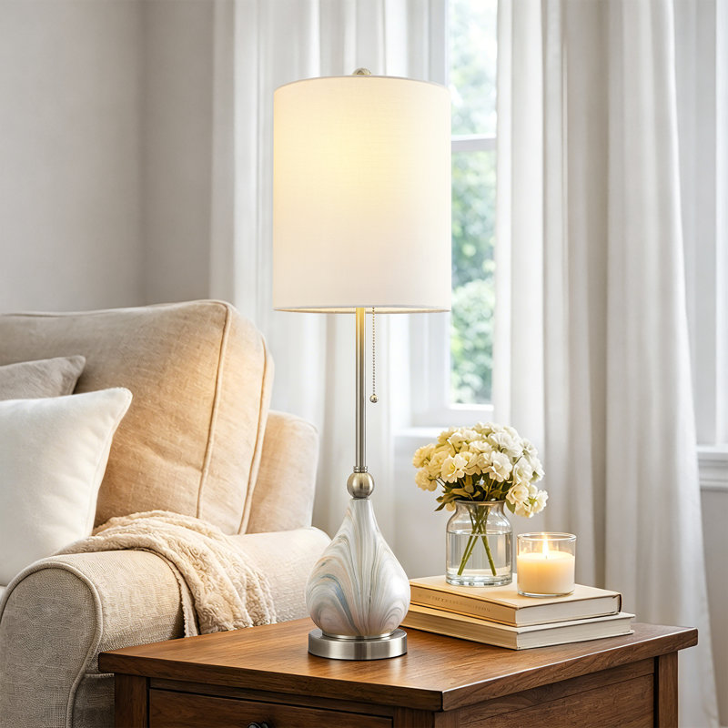 33" Modern Glam Ceramic Table Lamp with Pre-assembled Shade and Pull Chain for Bedroom Living Room, Polished Nickel