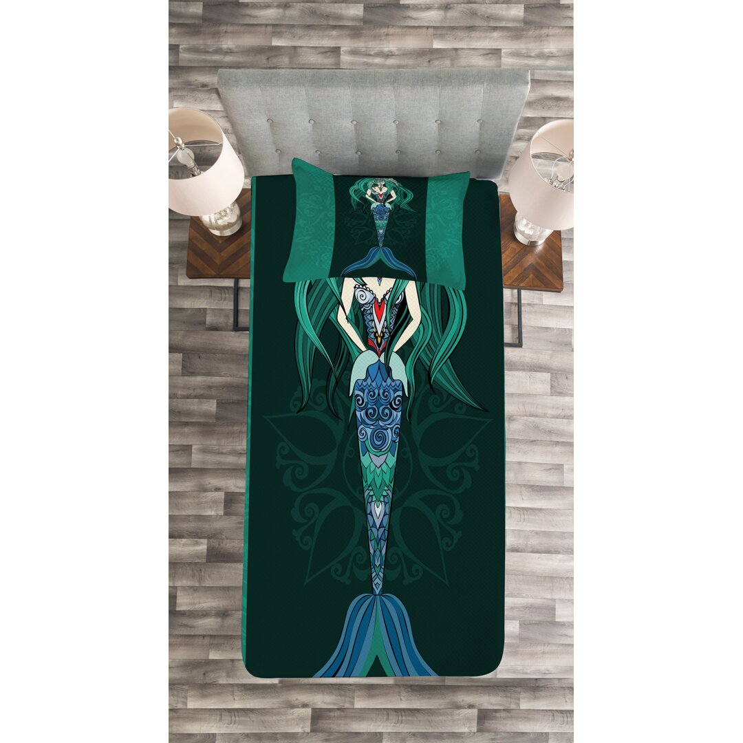 Gestepptes Bettdecken-Set, Hand Drawn Mermaid, Mandala, Violettblau Jadegrün