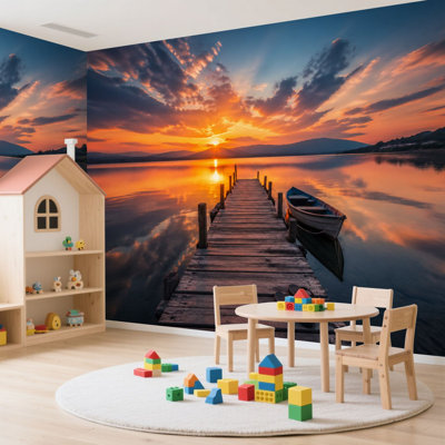 Papier peint adhésif mural autocollant amovible pour petit lac de bateau pour le salon, chambre à coucher, H 100 po x l 144 po