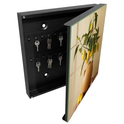 Key storage box, Opens to the right, 30x30x5, Black, Yellow lemons in a clay jug on a beige background, 