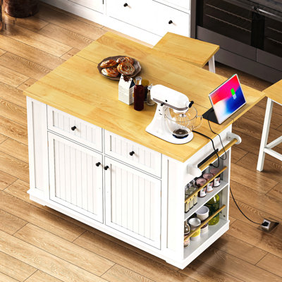 48 Inch Large Kitchen Island With Drop Leaf,Power Outlet,Internal Storage Rack,Rolling Kitchen Storage Cart On 5 Wheels With 5 Open Side Racks For Kitchen (Two Packages)(Not Include Stools)