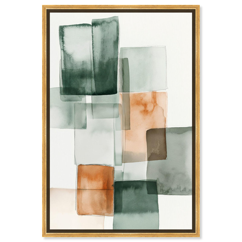 Citrine cube II, art abstrait vert , Cadre doré, H 37 po x l 25 po