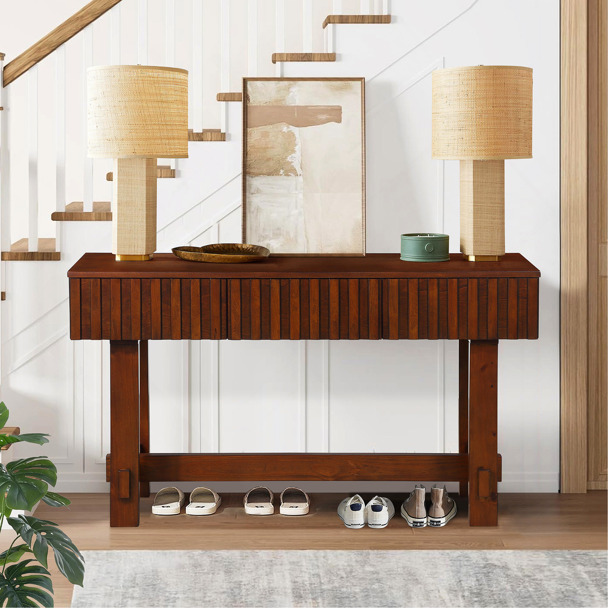 17 Stories 52 Inch Sofa Table With Storage Drawers, Mid Century
