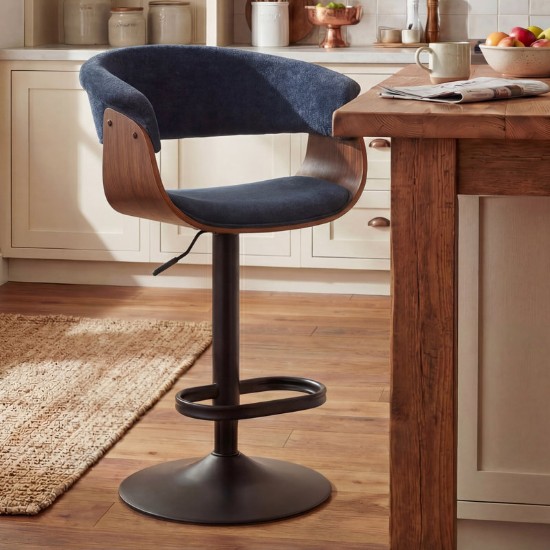 Blue Adjustable Height Bar Stools With Fabric Seat Swivel Stool With Backrest For Kitchen Island Bar Home Pub, Blue Fabric