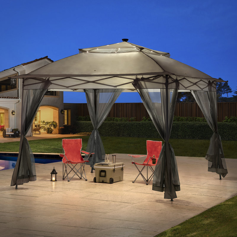 Sunjoy 11 x 11 pi. Éclairage à DEL solaire, toit souple portatif en acier, auvent / tente instantanée avec filet en filet et sac de transport