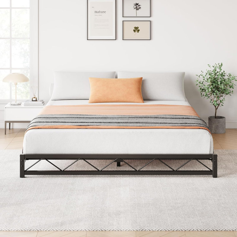 Metal Low Platform Bed Frame, No Box Spring Needed, Black, Queen