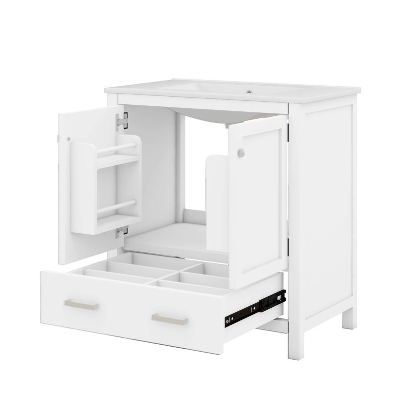 Meuble-lavabo de 30 po avec lavabo simple, armoire de rangement pour salle de bain avec 2 portes, tablette de porte et tiroir, fermeture en douceur