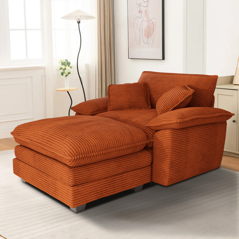 Corduroy Chaise Lounge Chair Indoor with Ottoman,Upholstered Armchair with 3 Pillows,Comfy Single Sofa Couch Lounge Reading Chairs with Wide Arms,Modern Sofas Couches for Living Room,Bedroom