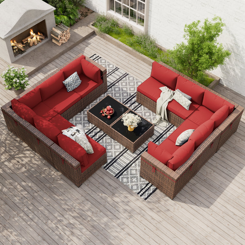 Ensemble modulaire de conversation modulaire en rotin pour 10 personnes avec 2 tables basses, 4 canapés d'angle et 6 canapés simples