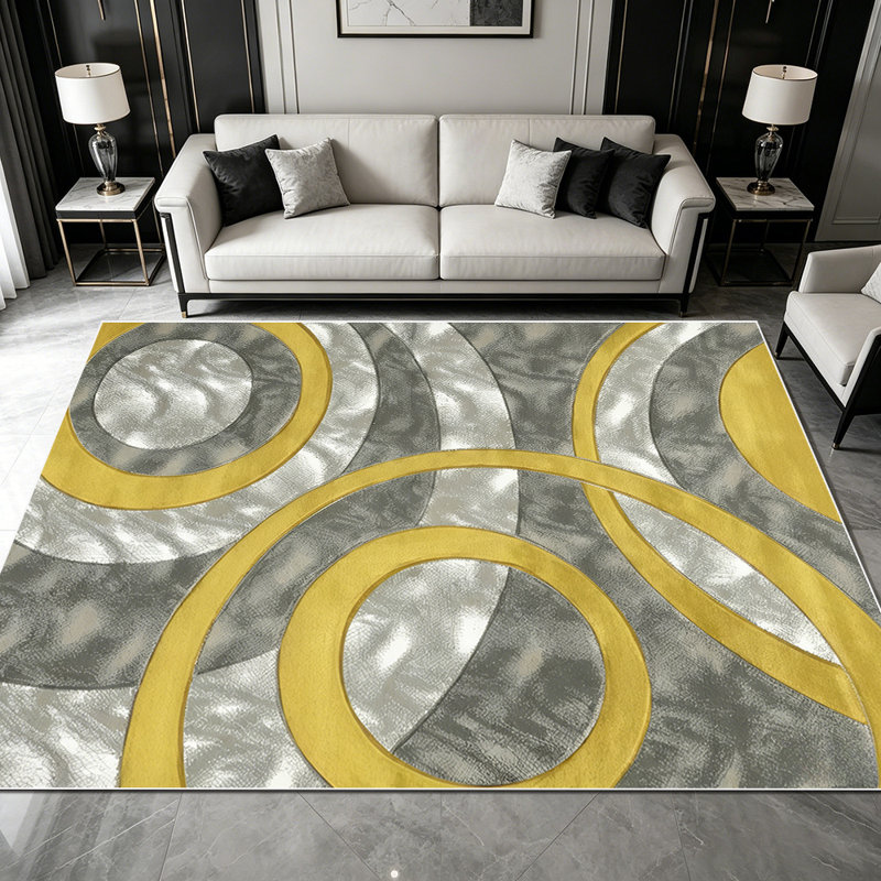 1PC Modern Overlapping Circle Geometric Gold Grey Silver Tone area rugs for Living Room, Soft and Comfortable, Suitable for all seasons, easy-to-maintain, machine washable Indoor floor mat, Under Table Farmhouse suitable for Dining Room, Bedroom,