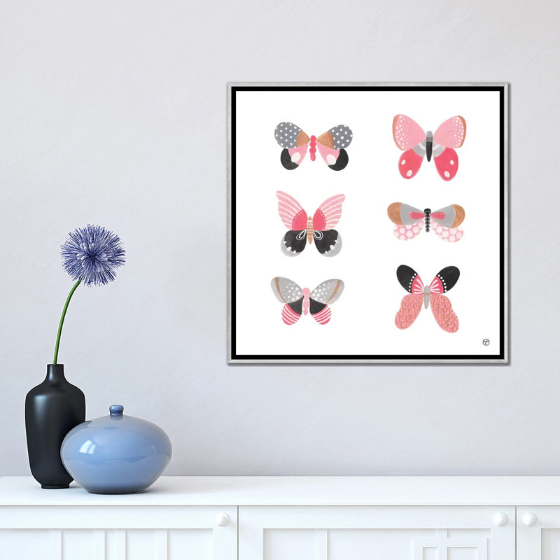 6 papillons art, H 18 po x l 18 po x P 1,5 po, Toile avec cadre argenté