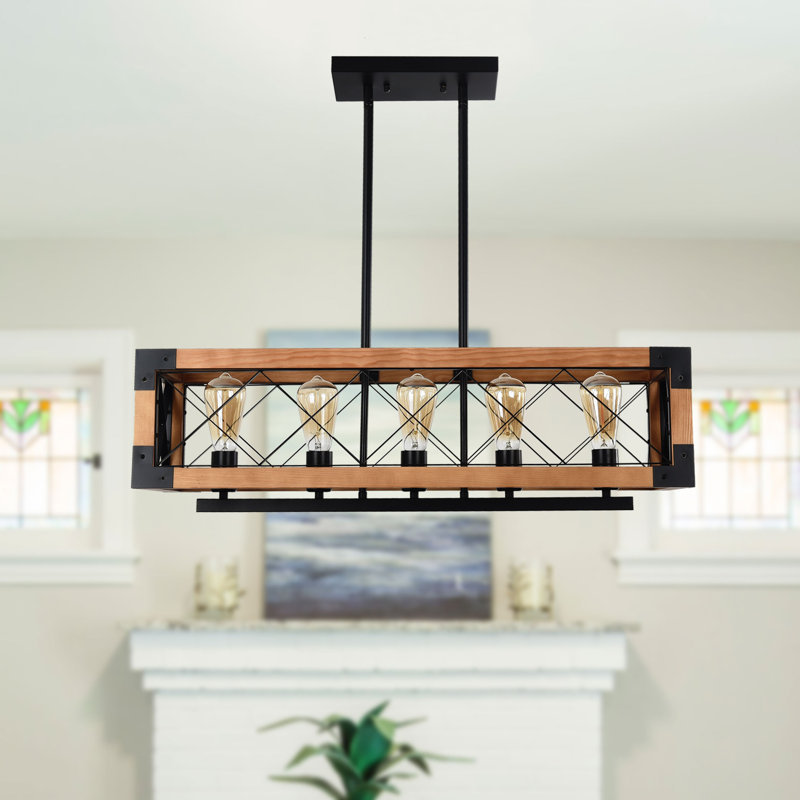 Lustre rectangulaire moderne en bois massif à 5 lumières de 32 po pour îlot de cuisine et coin détente Gonzalas